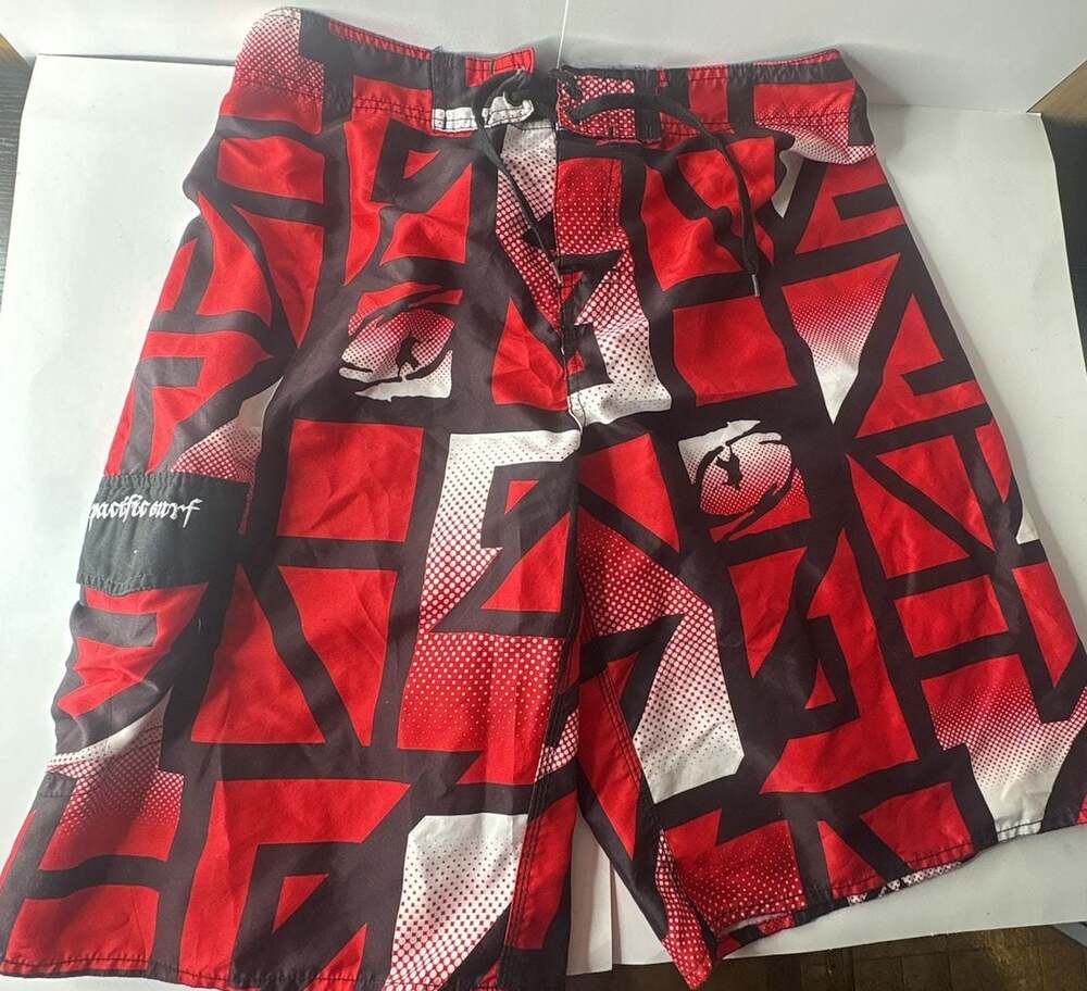 Pacific Surf Mens Red and Black Geometric Pattern Board Shorts